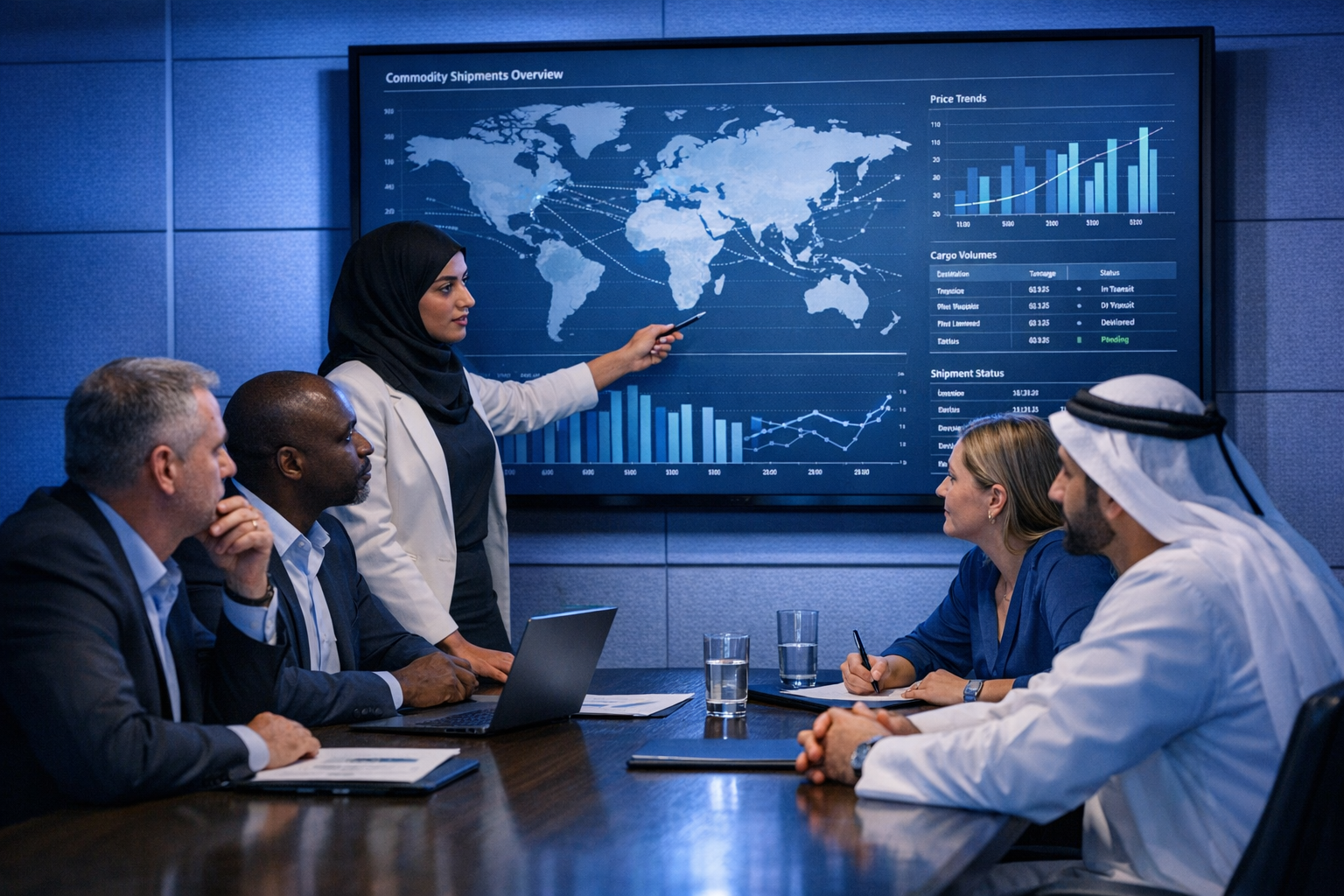 Cross-border deal team reviewing commodity flow data